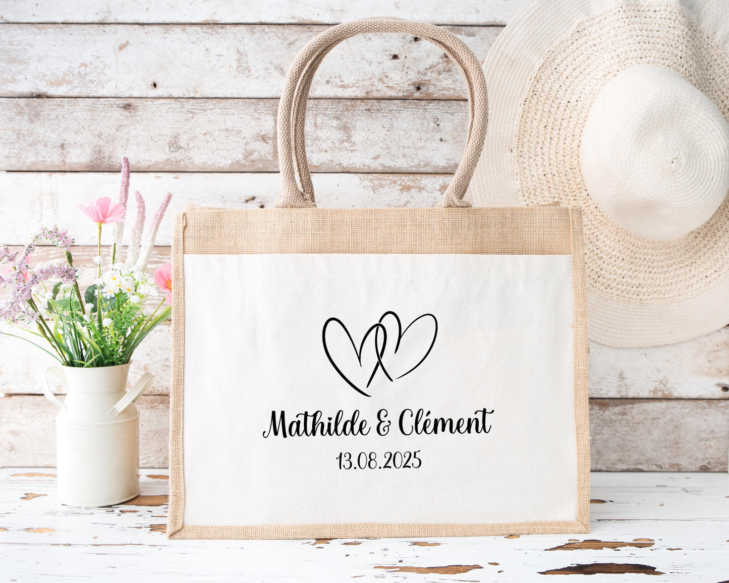 Sac en jute et coton personnalisé mariage, Sac EVJF, Sac de la mariée, Cabas personnalisé mariage