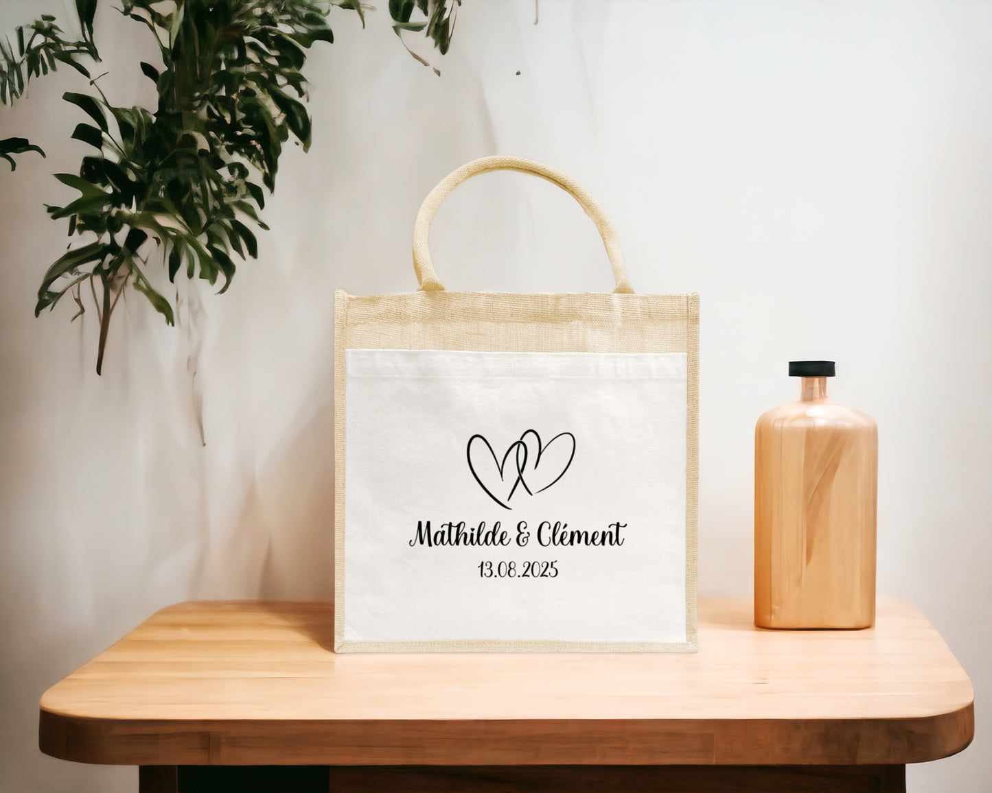 Sac en jute et coton personnalisé mariage, Sac EVJF, Sac de la mariée, Cabas personnalisé mariage