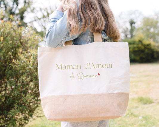 Sac shopping XL personnalisé « Maman d’Amour », Grand sac, Cadeau maman, Sac en jute et coton personnalisé