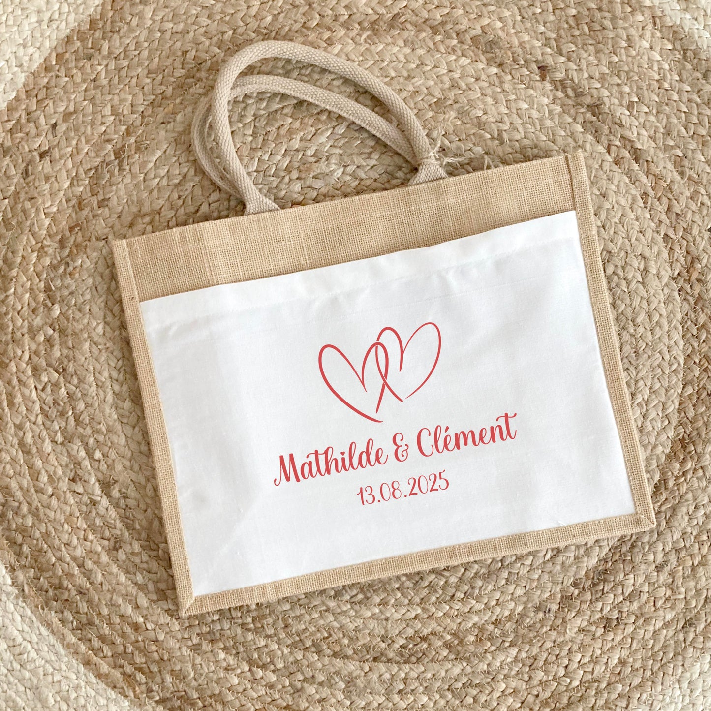 Sac en jute et coton personnalisé mariage, Sac EVJF, Sac de la mariée, Cabas personnalisé mariage