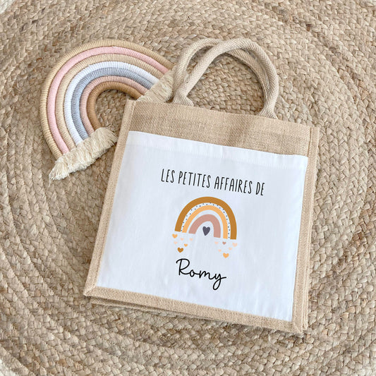 Sac Cabas toile et jute enfant personnalisé, Cadeau enfant prénom, Cadeau anniversaire enfant, Sac arc en ciel