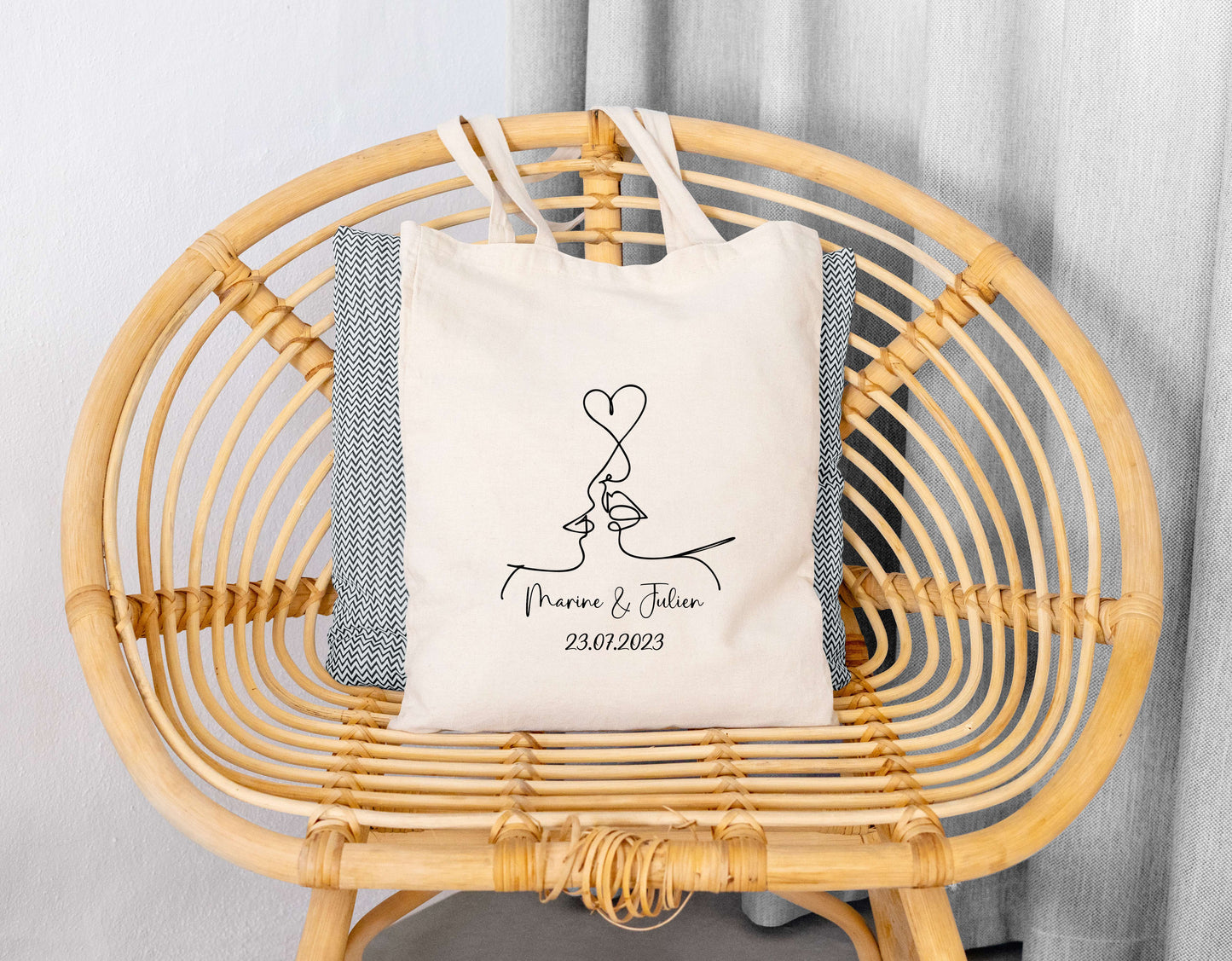 Sac cadeau mariage EVJF en coton avec prénoms et date personnalisables
