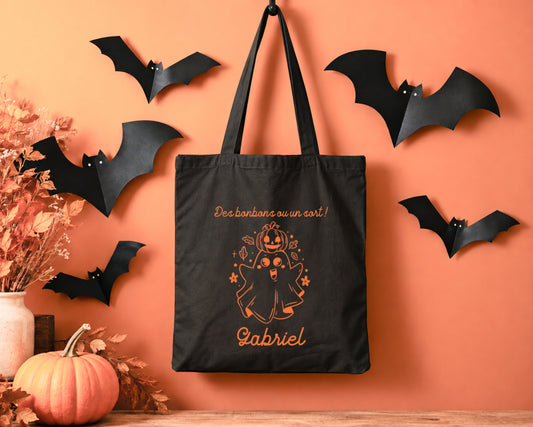 Sac Halloween personnalisé prénom, Fantôme et citrouille, Sac à bonbons enfant
