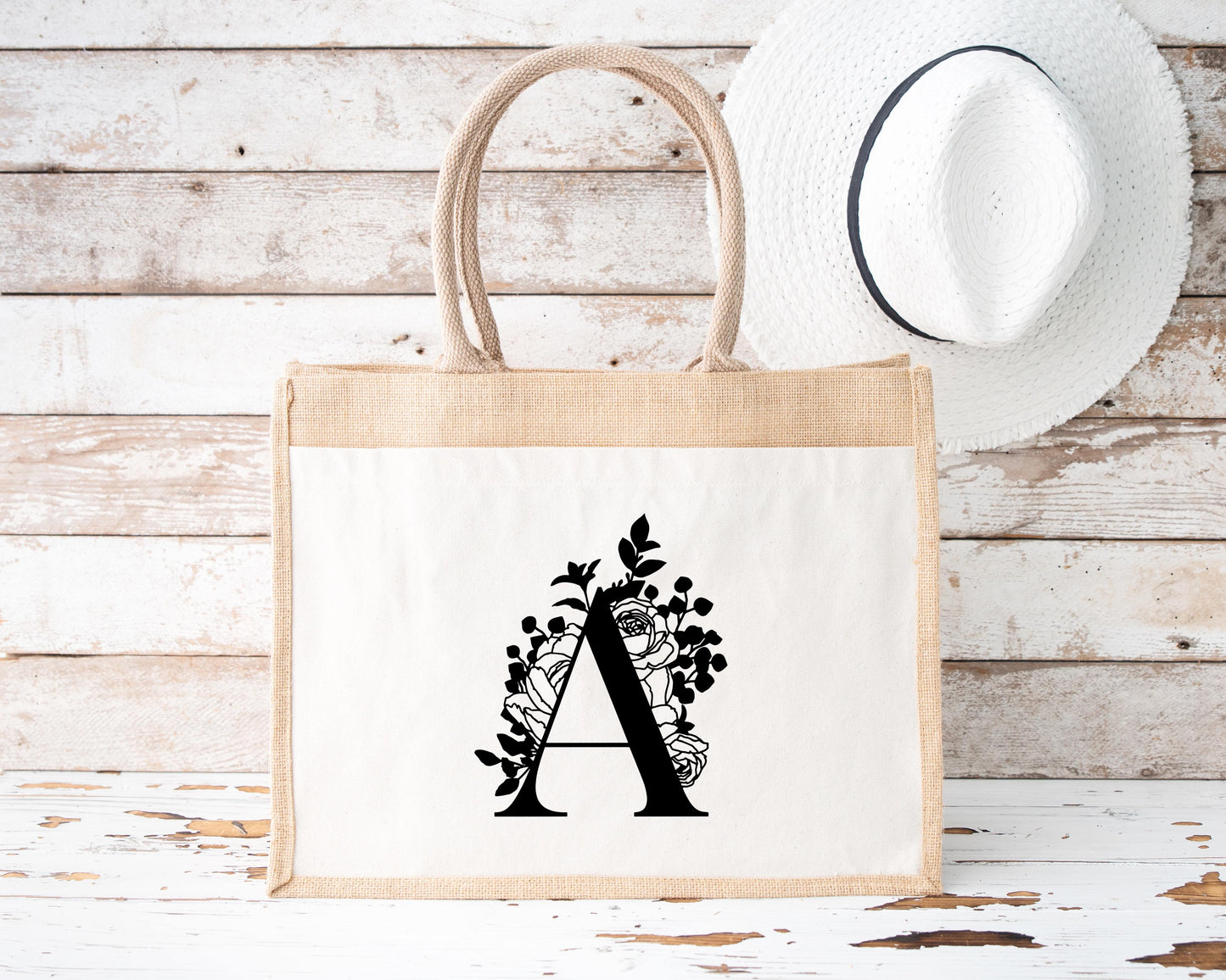 Sac en jute et coton Lettre Florale Personnalisé, Sac toile Cabas, Sac fourre-tout, Sac initiale personnalisé, cadeau femme