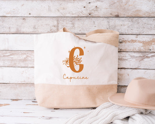 Grand sac shopping XL personnalisé initiale + prénom – Sac coton & jute – Cadeau personnalisé – Week-end plage courses