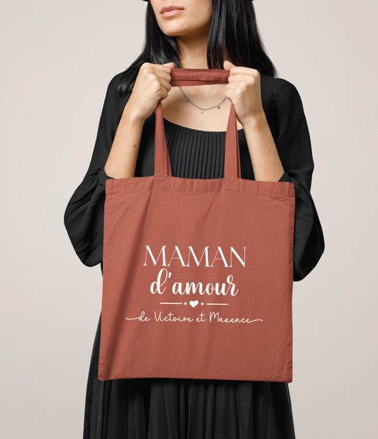 Tote bag Maman d’amour personnalisé – Prénom(s) – Cadeau maman – Fête des mères – Sac en coton – Anniversaire
