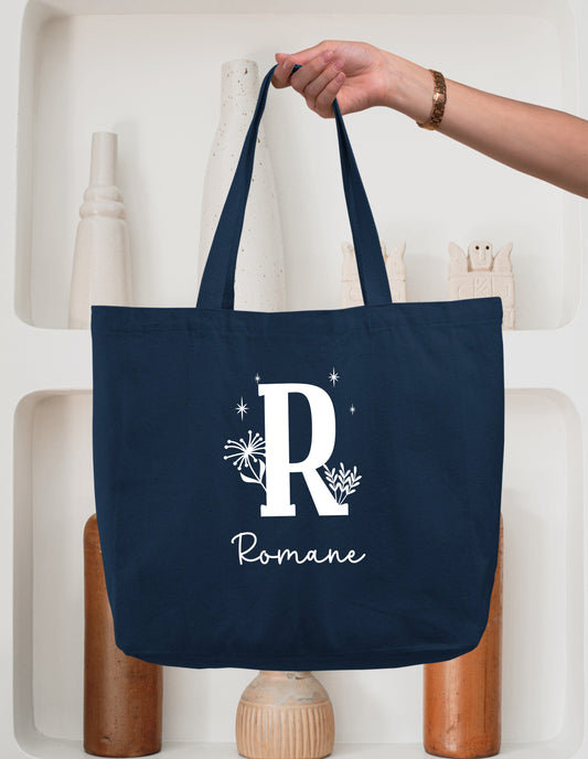 Sac cabas coton personnalisé initiale + prénom – Tote bag cabas – Cadeau femme enfant – Sac shopping – Anniversaire