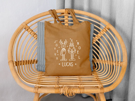 Tote Bag Noël Personnalisé Prénom | sac cadeau Noêl Coton | Cadeau Noël Réutilisable | 7 Couleurs