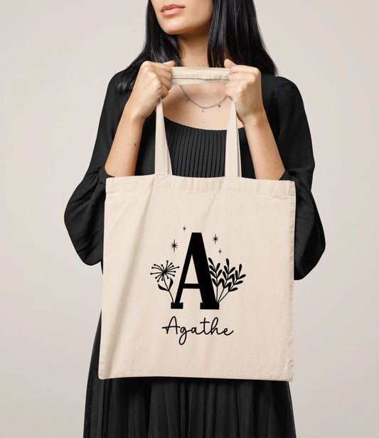 Tote bag coton personnalisé initiale + prénom – Sac en coton – Cadeau personnalisé femme enfant – Anniversaire