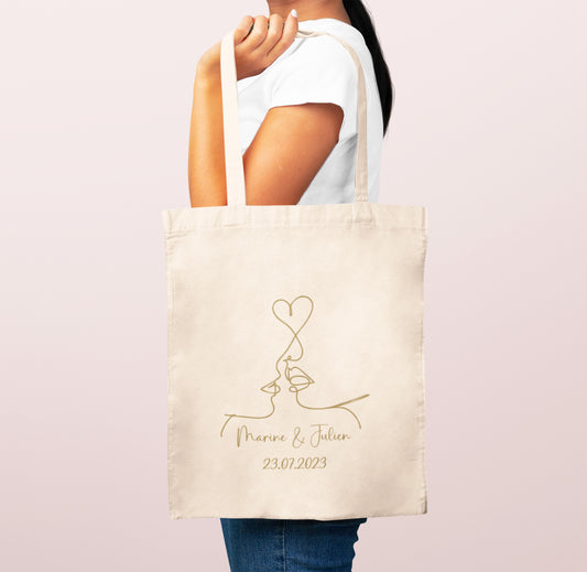 Sac cadeau mariage EVJF en coton avec prénoms et date personnalisables
