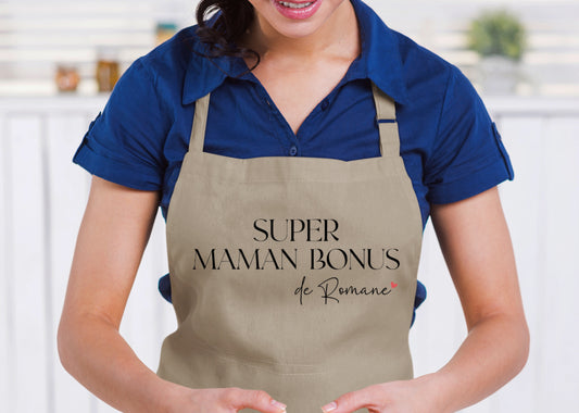 Tablier "Super maman bonus" personnalisé – Prénom(s) – Cadeau belle-maman – Famille recomposée – Fête des mères