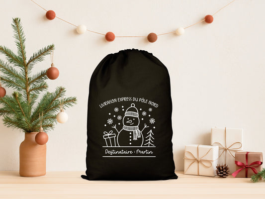 Pochon Noël Personnalisé Enfant | Hotte Père Noël Bonhomme de Neige Pôle Nord | Sac Cadeau Livraison Express | Coton | 5 Tailles