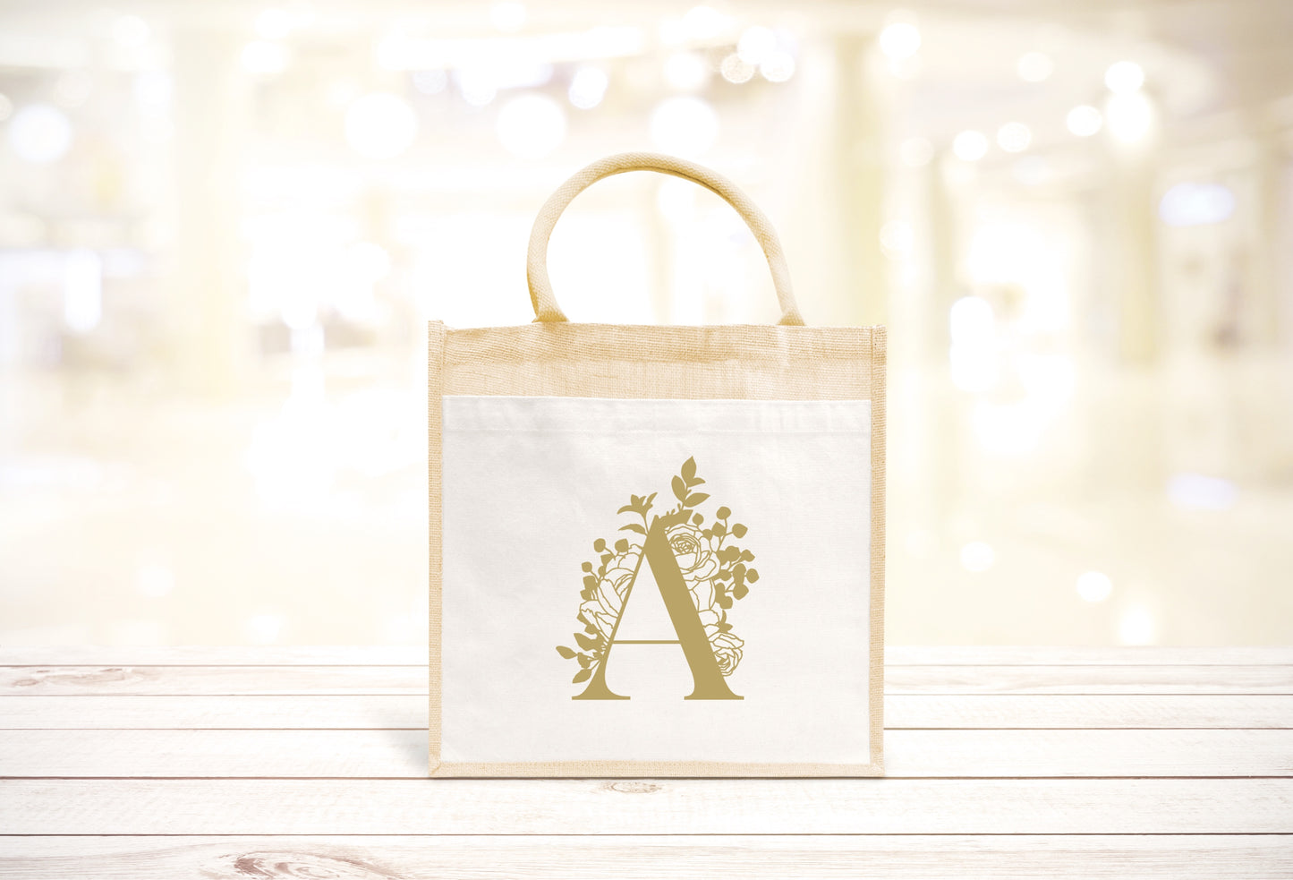 Sac en jute et coton Lettre Florale Personnalisé, Sac toile Cabas, Sac fourre-tout, Sac initiale personnalisé, cadeau femme
