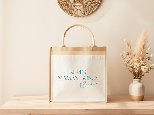 Cabas jute "Super maman bonus" personnalisé – Prénom – Cadeau belle-maman – Famille recomposée – Fête des mères
