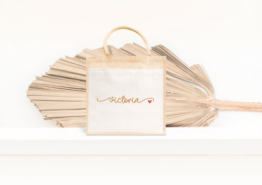 Cabas jute personnalisé prénom avec petit cœur – Sac jute – Cadeau personnalisé – Shopping plage