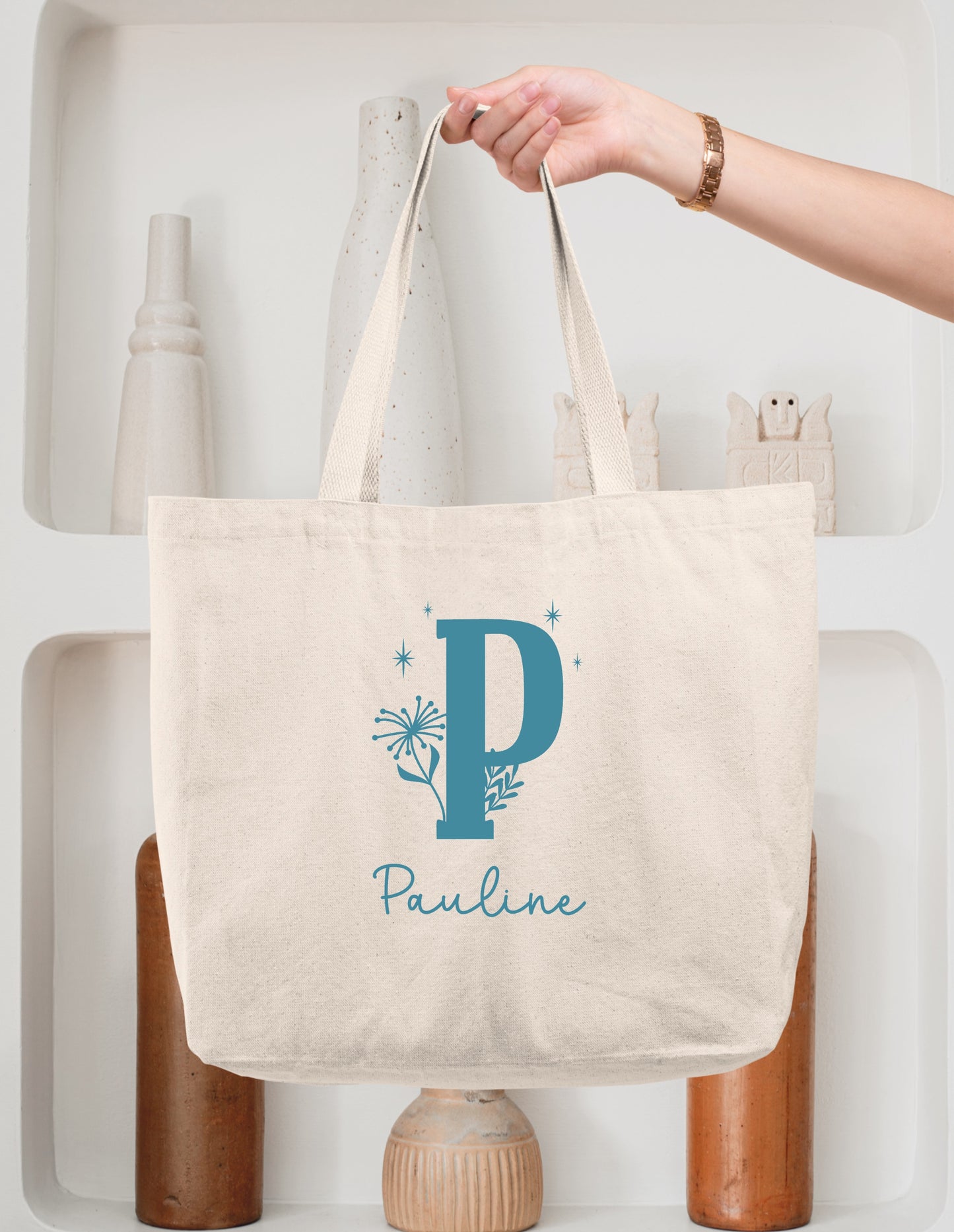 Sac cabas coton personnalisé initiale + prénom – Tote bag cabas – Cadeau femme enfant – Sac shopping – Anniversaire