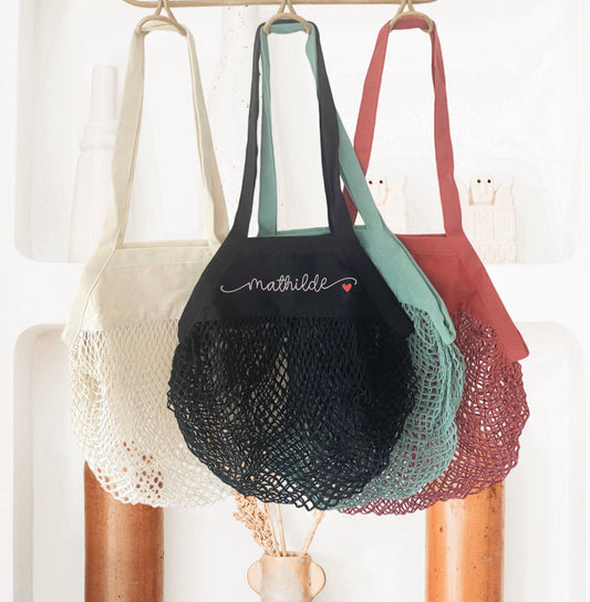Sac filet courses personnalisé prénom avec petit cœur – Sac réutilisable – Cadeau personnalisé
