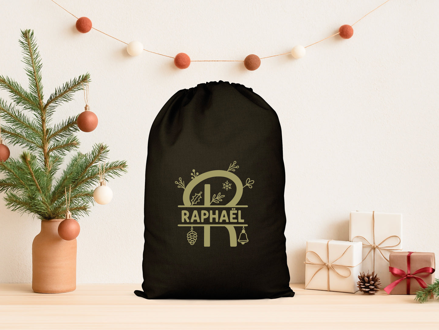 Sac cadeau Noël, Hotte de Noël personnalisée, Emballage Noël, Pochon Noël personnalisé