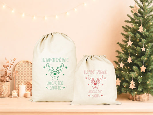 Pochon Noël Personnalisé Prénom | Hotte Père Noël Livraison Spéciale Renne | Sac Cadeau Enfant Coton | Joyeux Noël | 5 Tailles