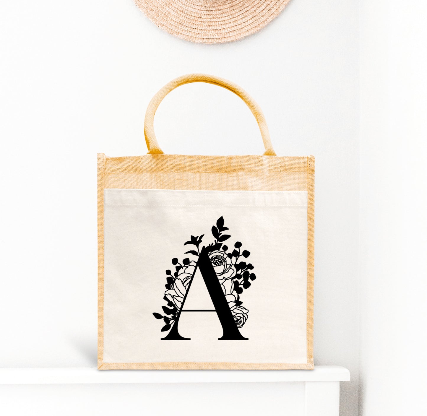 Sac en jute et coton Lettre Florale Personnalisé, Sac toile Cabas, Sac fourre-tout, Sac initiale personnalisé, cadeau femme