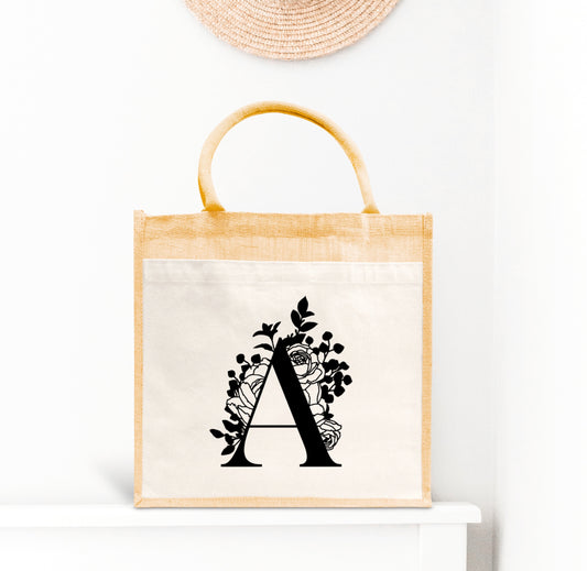 Sac en jute et coton Lettre Florale Personnalisé, Sac toile Cabas, Sac fourre-tout, Sac initiale personnalisé, cadeau femme