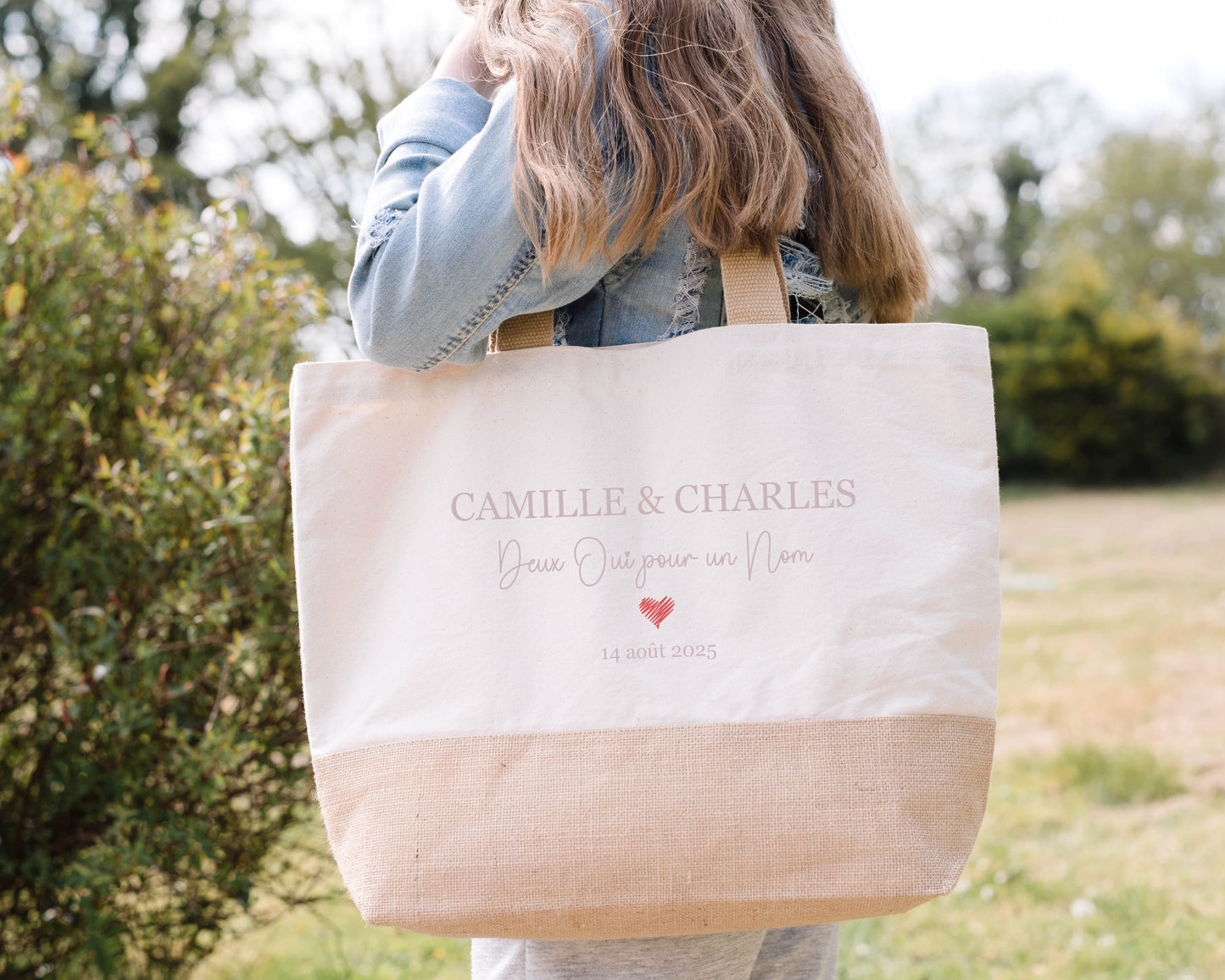 Grand sac XL mariage personnalisé prénoms & date - « Deux oui pour un nom » - Cadeau mariage - Cabas personnalisé mariage