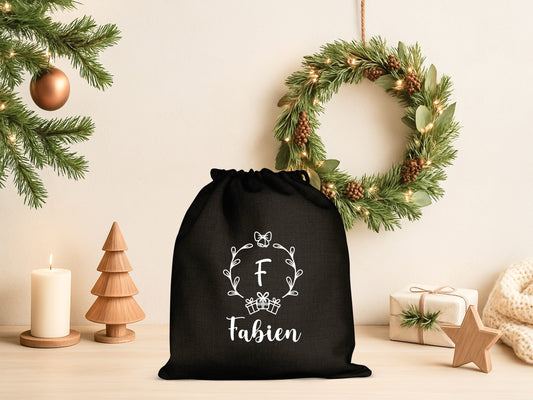 Pochon Noël Personnalisé Initiale Prénom | Hotte Père Noël Couronne Monogramme | Sac Cadeau Coton Réutilisable | 5 Tailles