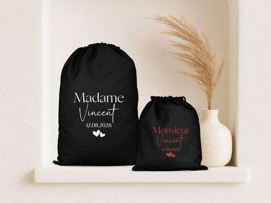 Pochon mariage personnalisé "Monsieur/Madame" + nom & date – Cadeau mariage – Accessoire couple – Souvenir
