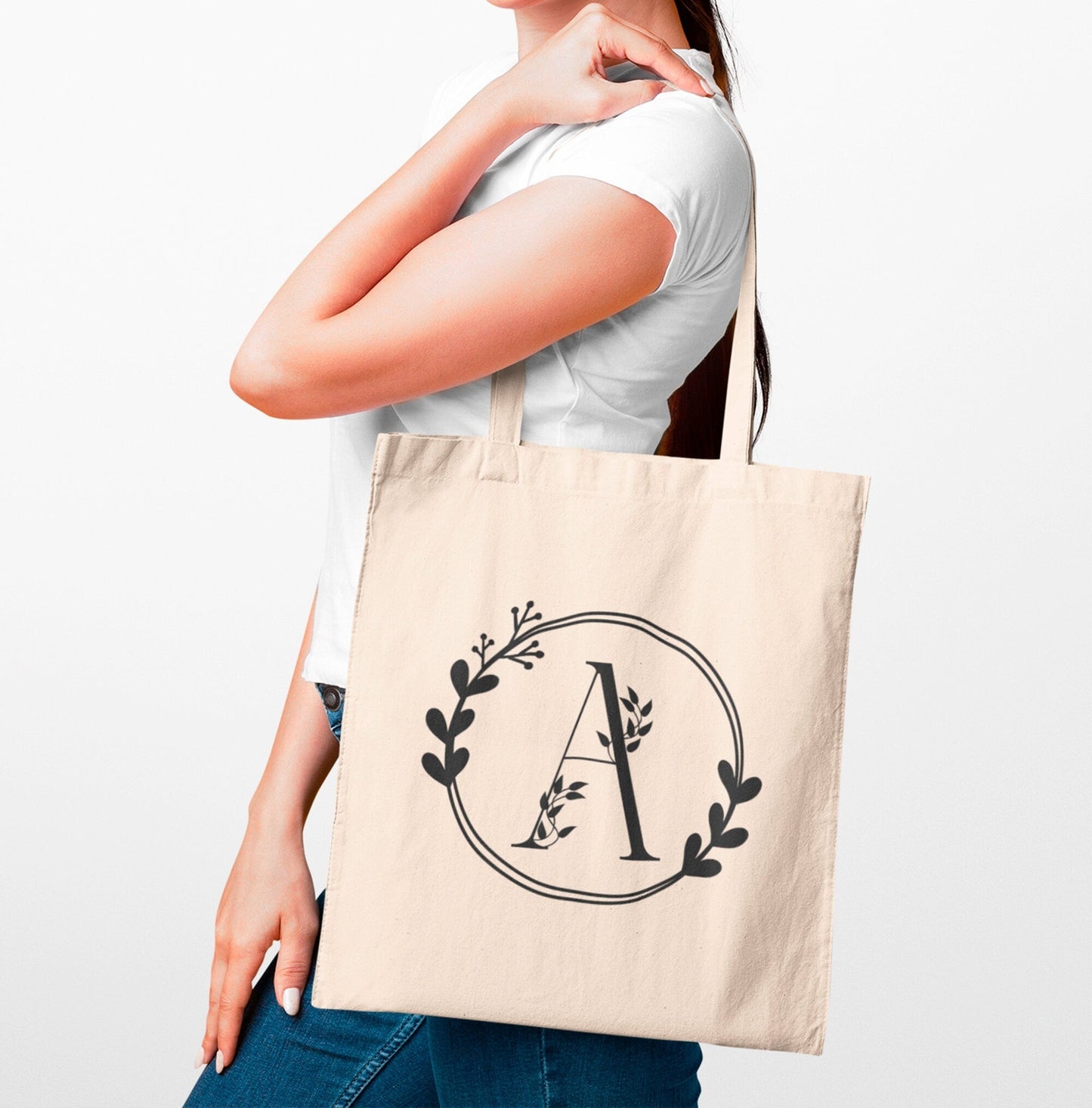 Tote Bag Femme Lettre Florale Personnalisé en coton, Sac toile Cabas, Sac fourre-tout, Tote bag graphique