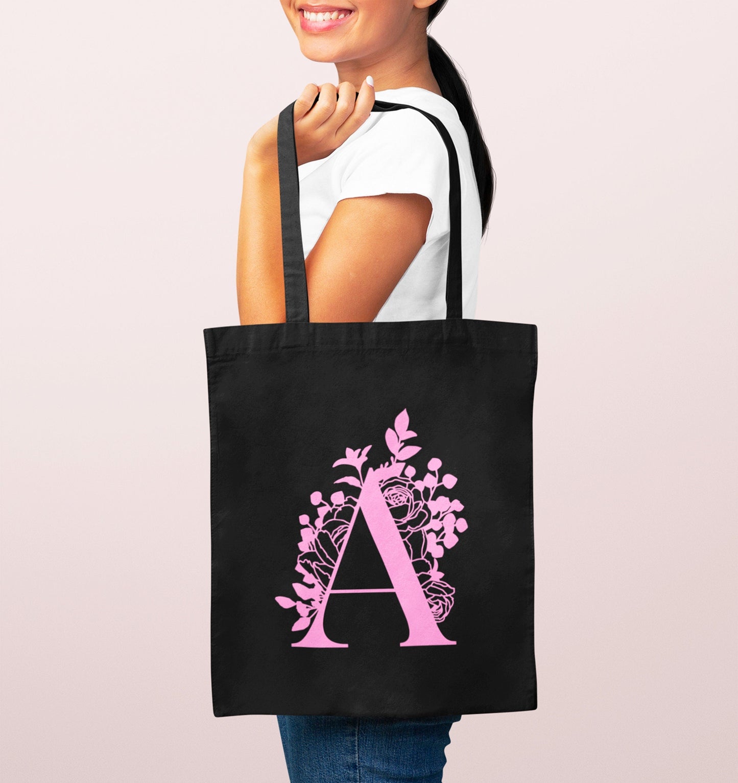 Tote Bag Femme Lettre Florale Personnalisé, Sac toile Cabas, Sac fourre-tout, tote bag cadeau femme, tote bag graphique, cadeau femme