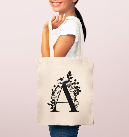 Tote Bag Femme Lettre Florale Personnalisé, Sac toile Cabas, Sac fourre-tout, tote bag cadeau femme, tote bag graphique, cadeau femme