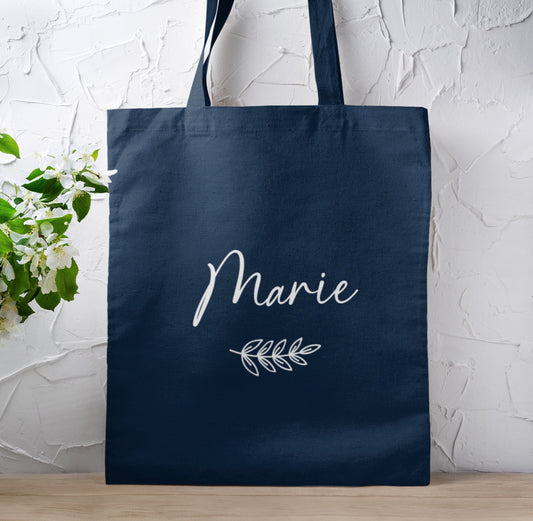 Cadeau Maîtresse Personnalisé, Tote Bag Prénom Branche Florale, Cadeau Nounou, Sac Cabas Prénom