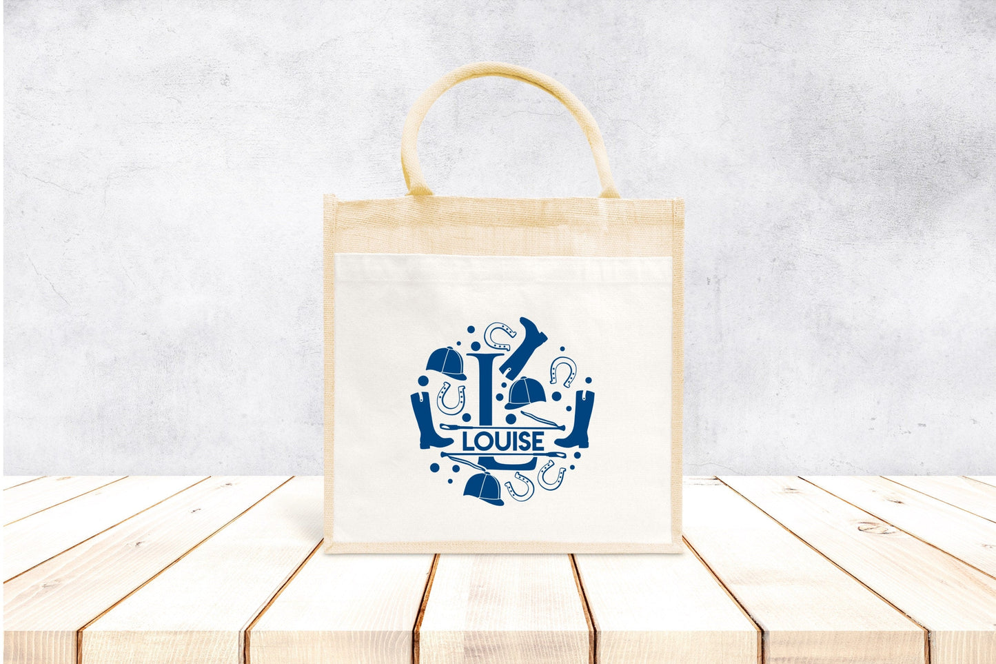 Sac Cabas toile et jute enfant personnalisé, Cadeau enfant prénom, Cadeau anniversaire enfant, Sac équitation