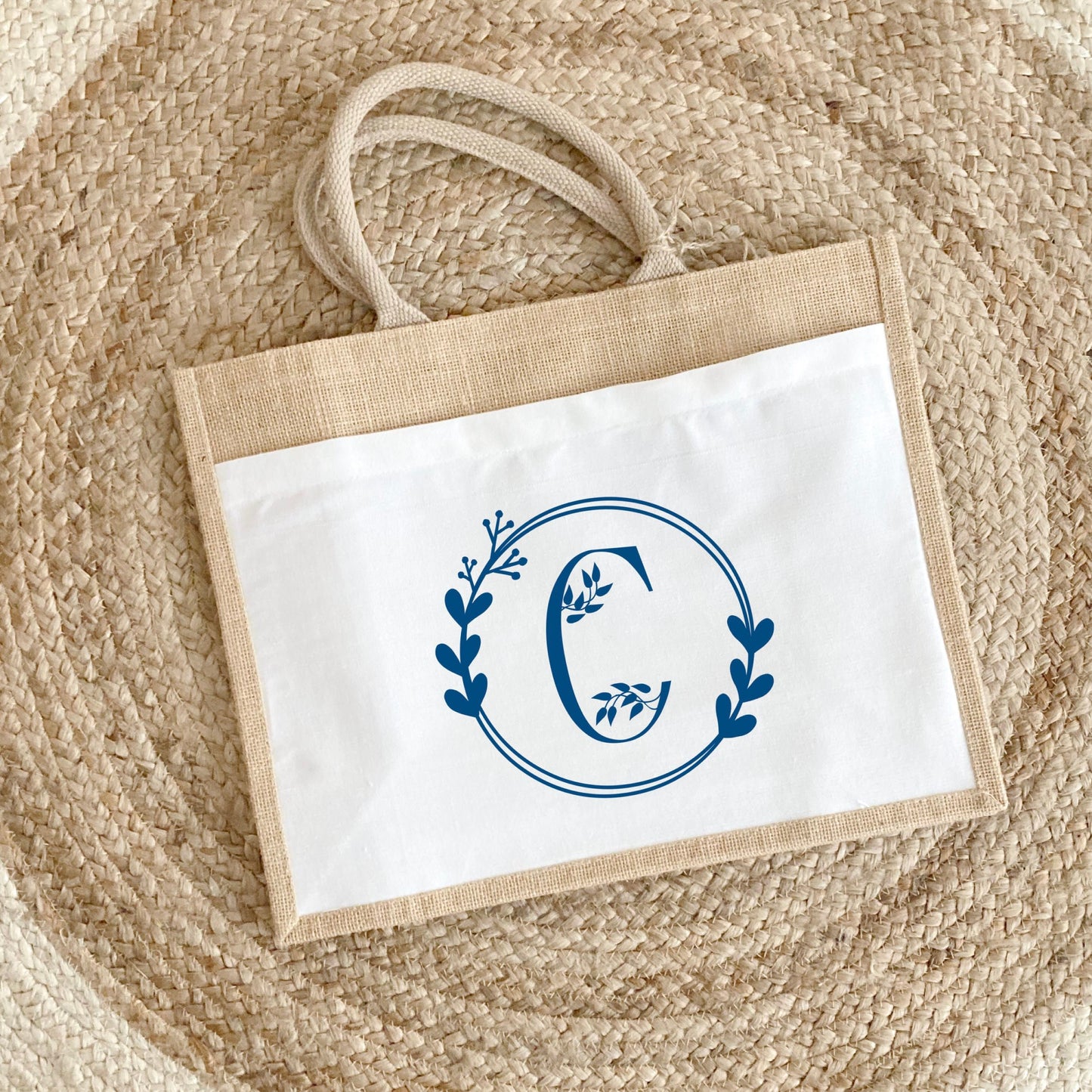 Sac en jute et coton personnalisé Lettre Florale Personnalisé, Sac toile Cabas, Sac fourre-tout, Sac initiale personnalisé, cadeau femme
