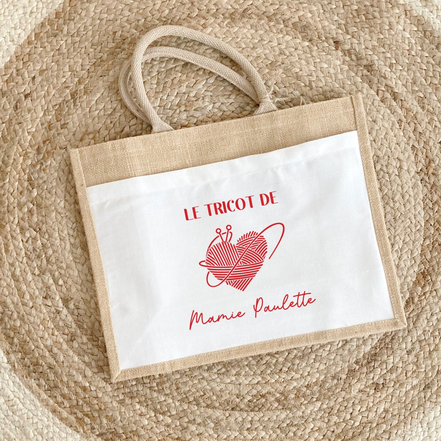 Sac en jute et coton personnalisé, sac cabas personnalisé, Cadeau mamie personnalisé, Sac à tricot, Fêtes des grand mères
