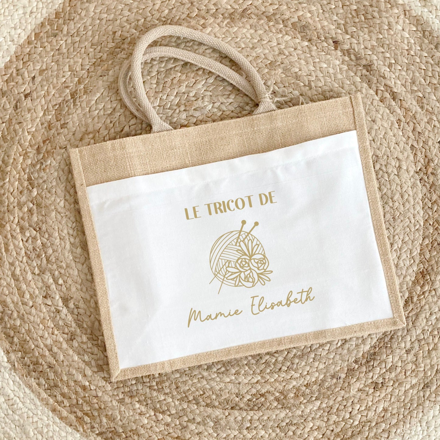Sac en jute et coton personnalisé, sac cabas personnalisé, Cadeau mamie personnalisé, Sac à tricot, Fêtes des grand mères