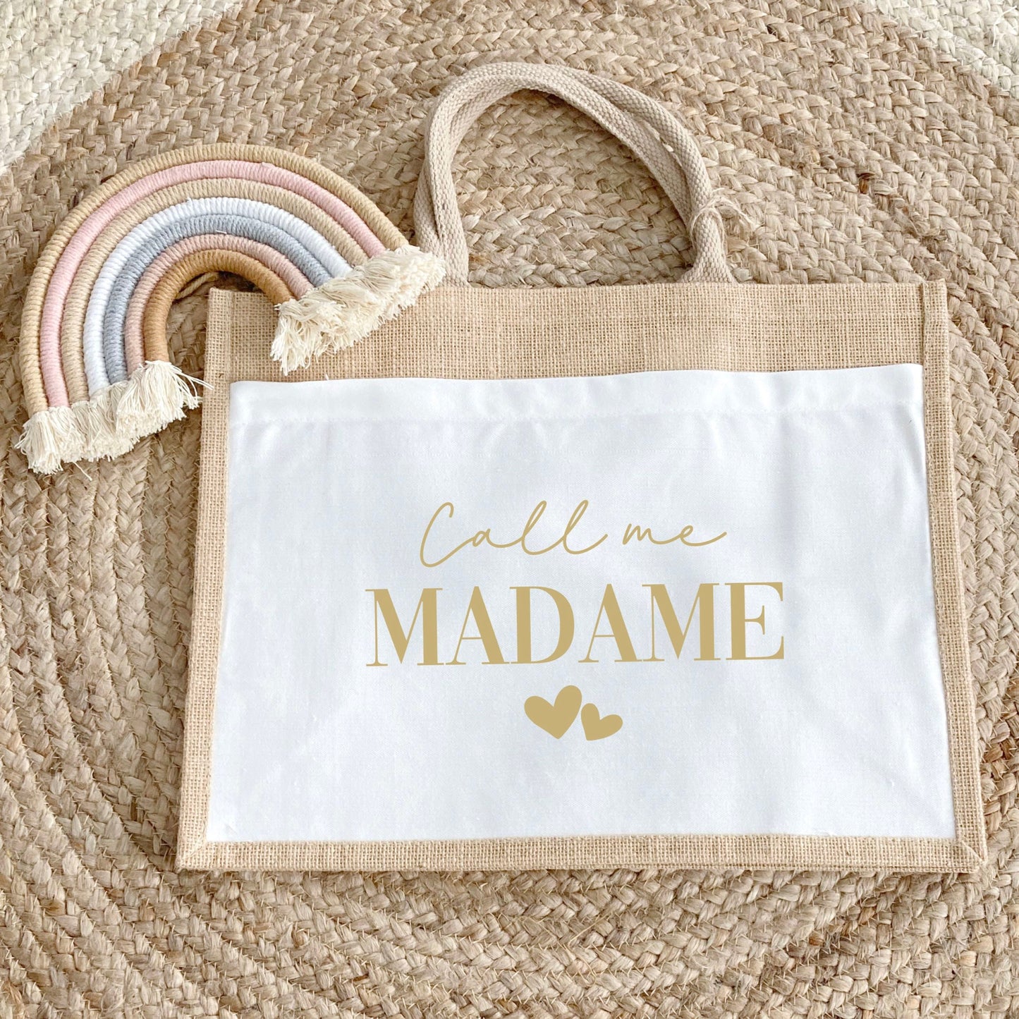 Sac en jute et coton personnalisé mariage, Sac fourre-tout Appelez moi madame, Sac evjf, Sac de la mariée, Cabas personnalisé mariage