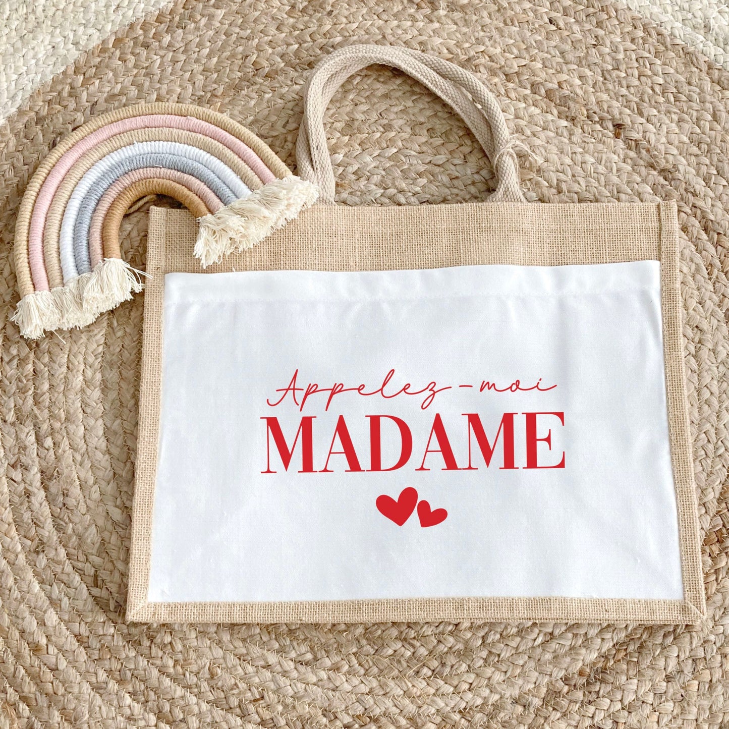 Sac en jute et coton personnalisé mariage, Sac fourre-tout Appelez moi madame, Sac evjf, Sac de la mariée, Cabas personnalisé mariage