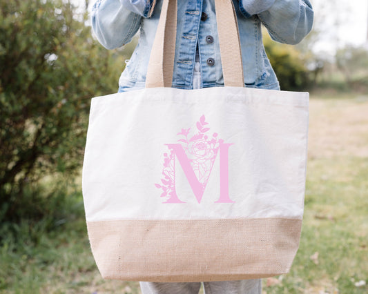 Grand Sac Personnalisé Initiale Florale, Cabas XL Jute Coton Lettre, Cadeau Femme Personnalisé, Sac de Voyage Prénom