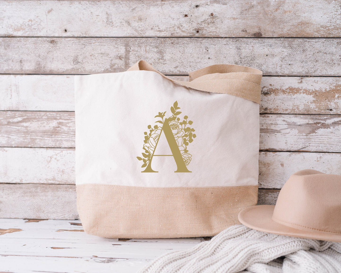 Sac en jute et coton personnalisé Lettre Florale Personnalisé, Sac toile Cabas, Sac fourre-tout, Sac initiale personnalisé, cadeau femme