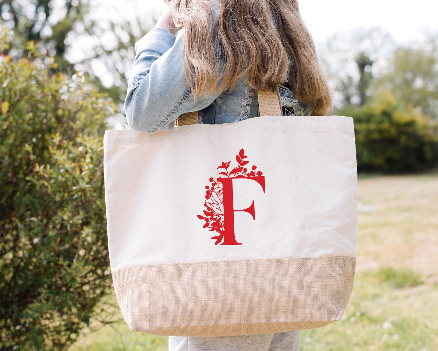 Sac en jute et coton personnalisé Lettre Florale Personnalisé, Sac toile Cabas, Sac fourre-tout, Sac initiale personnalisé, cadeau femme