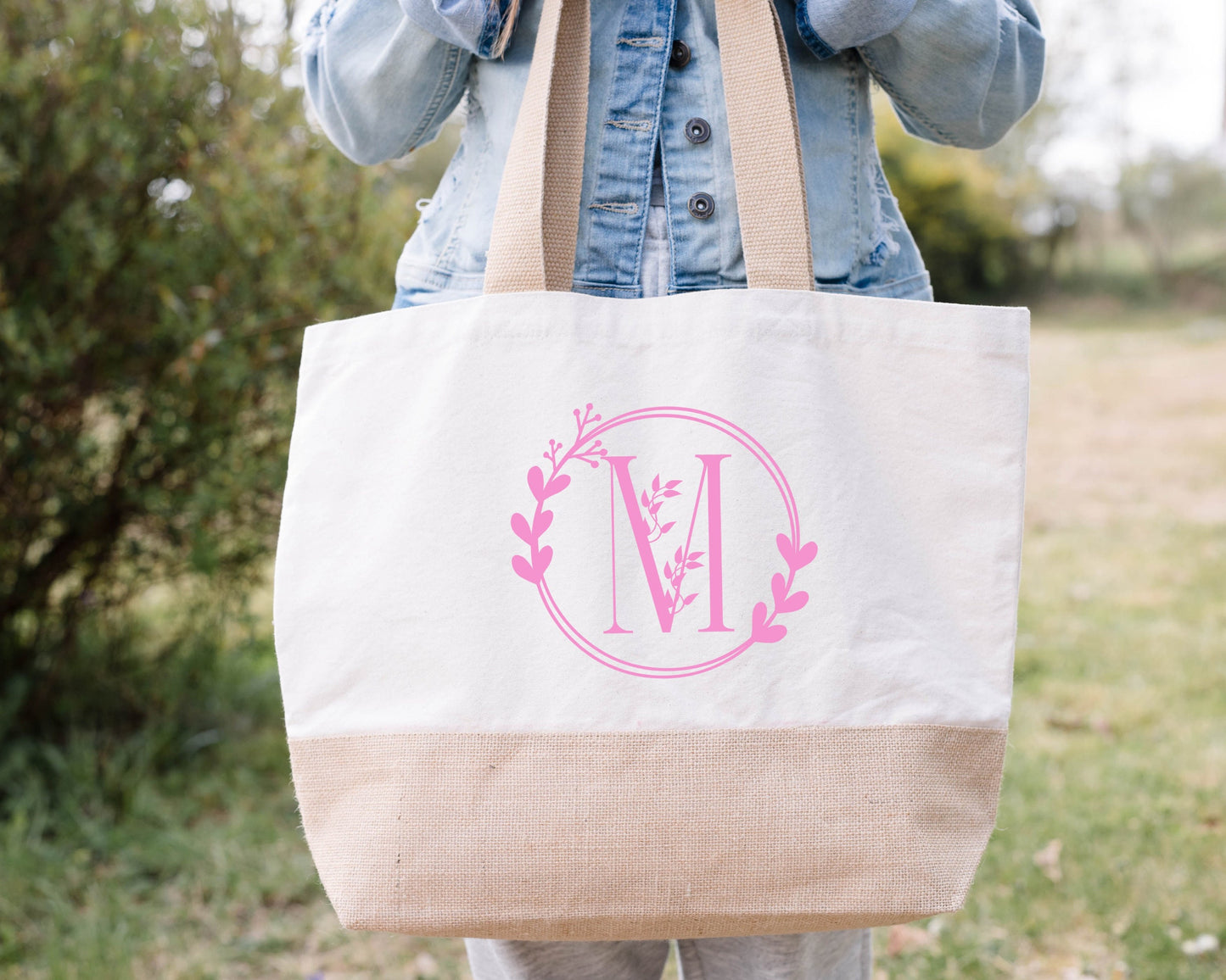 Sac en jute et coton Lettre Florale Personnalisé, Sac toile Cabas, Sac fourre-tout, Sac initiale personnalisé, cadeau femme