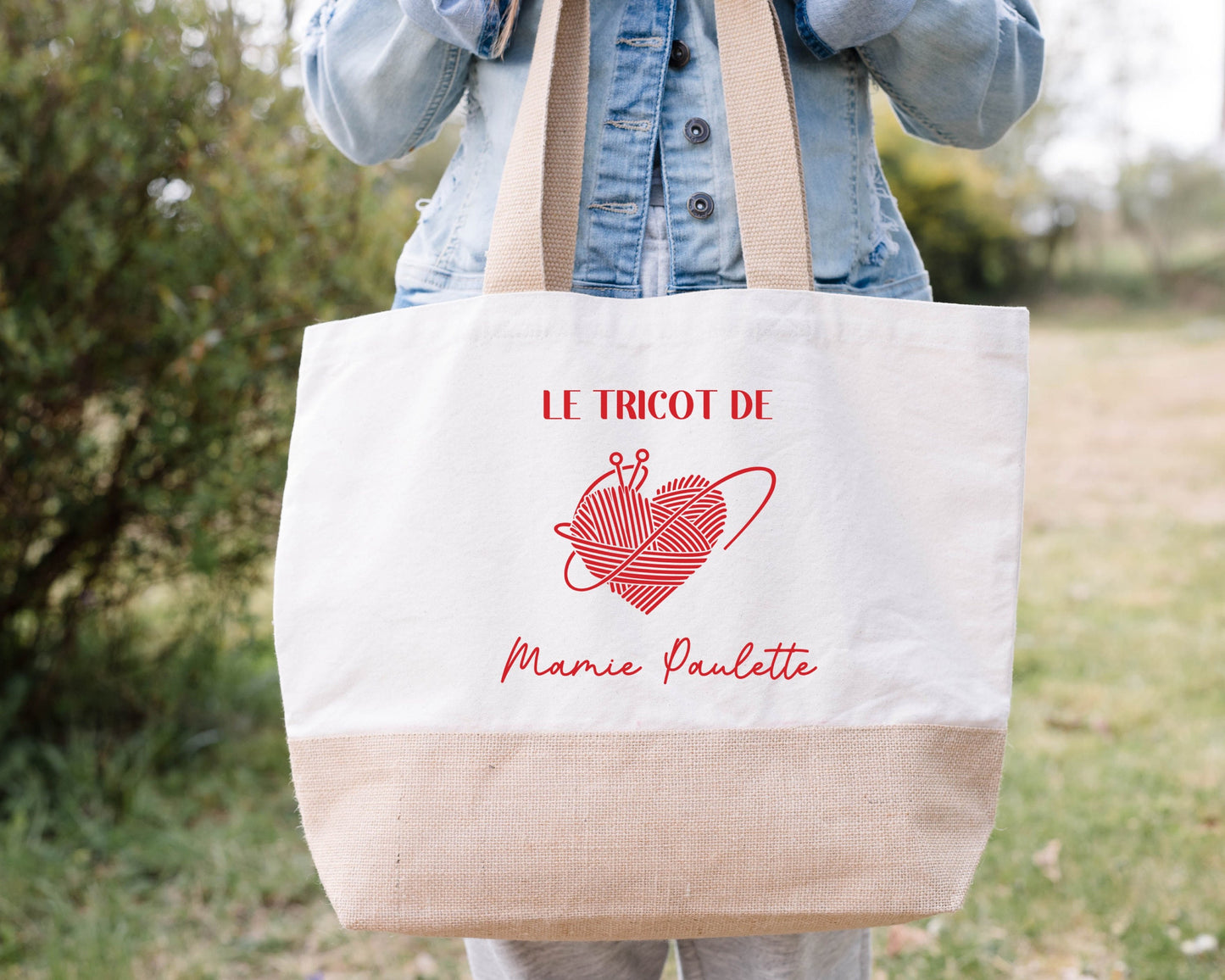 Sac en jute et coton personnalisé, sac cabas personnalisé, Cadeau mamie personnalisé, Sac à tricot, Fêtes des grand mères