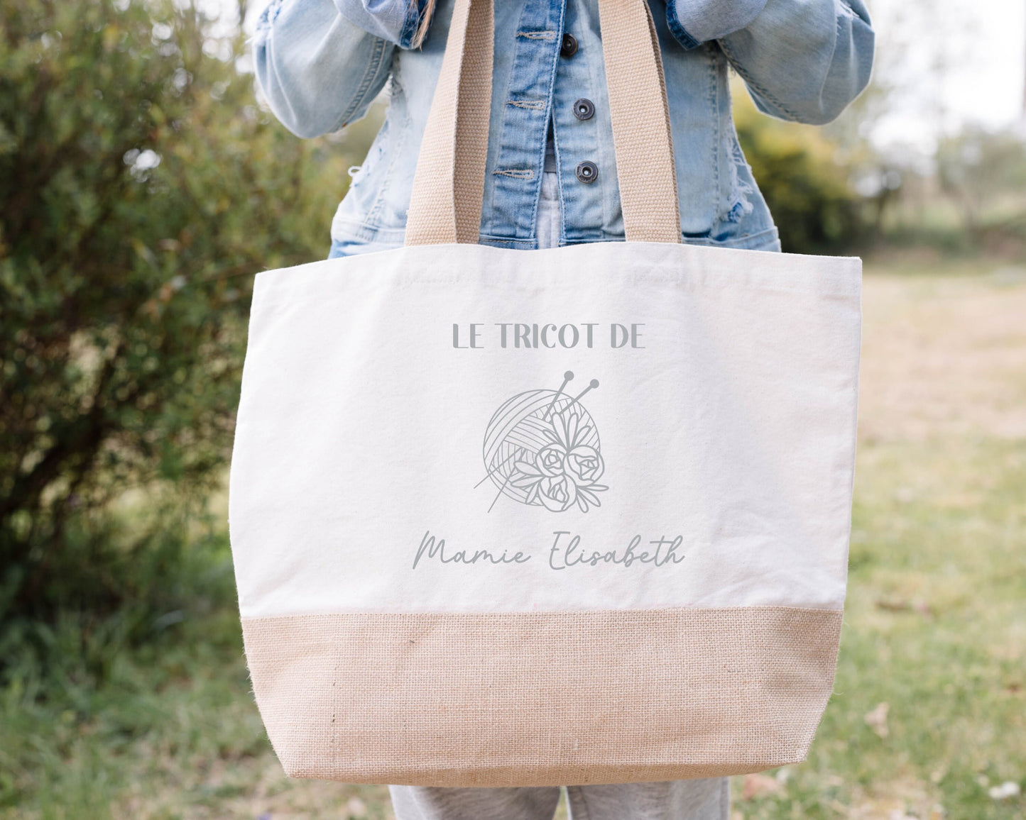 Sac en jute et coton personnalisé, sac cabas personnalisé, Cadeau mamie personnalisé, Sac à tricot, Fêtes des grand mères