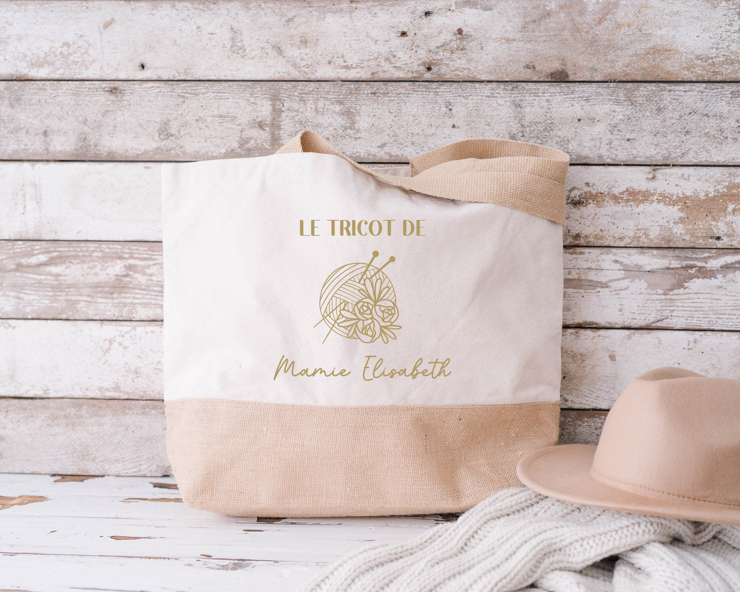 Sac en jute et coton personnalisé, sac cabas personnalisé, Cadeau mamie personnalisé, Sac à tricot, Fêtes des grand mères