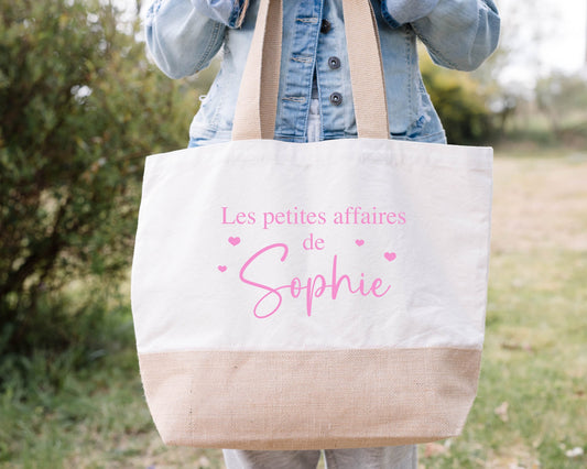 Grand sac cabas jute coton personnalisé XL, Les petites affaires de, Cadeau maman, Sac de voyage personnalisé, Cadeau anniversaire femme