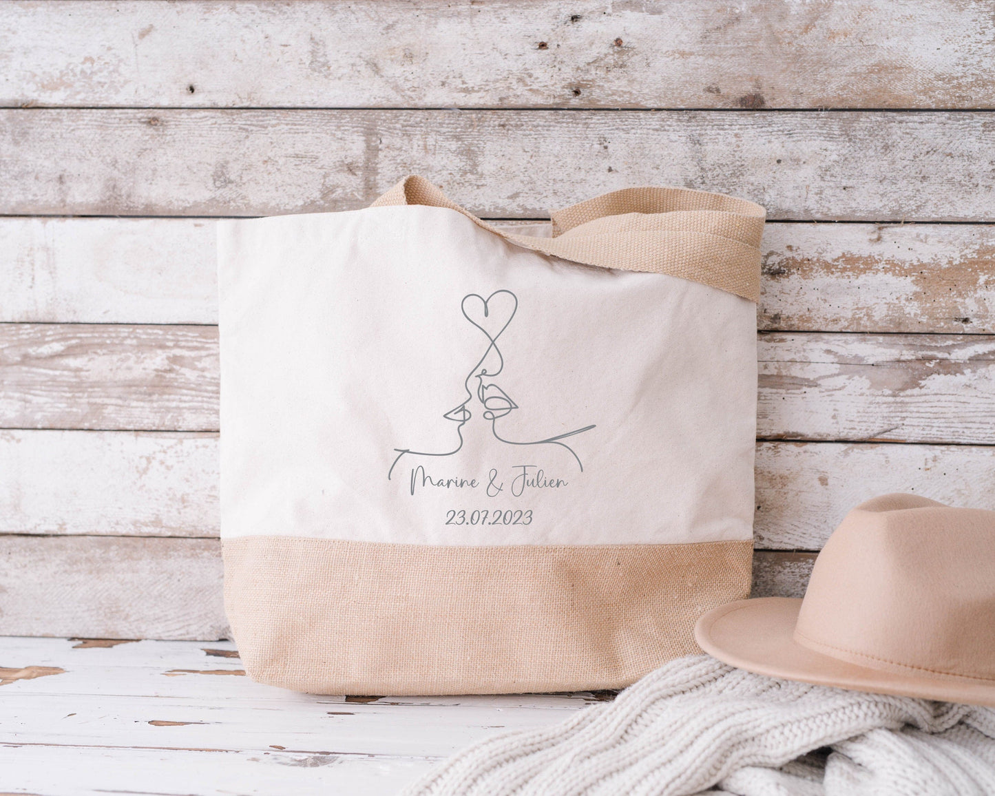 Sac en jute et coton personnalisé mariage, Sac EVJF, Sac de la mariée, Cabas personnalisé mariage