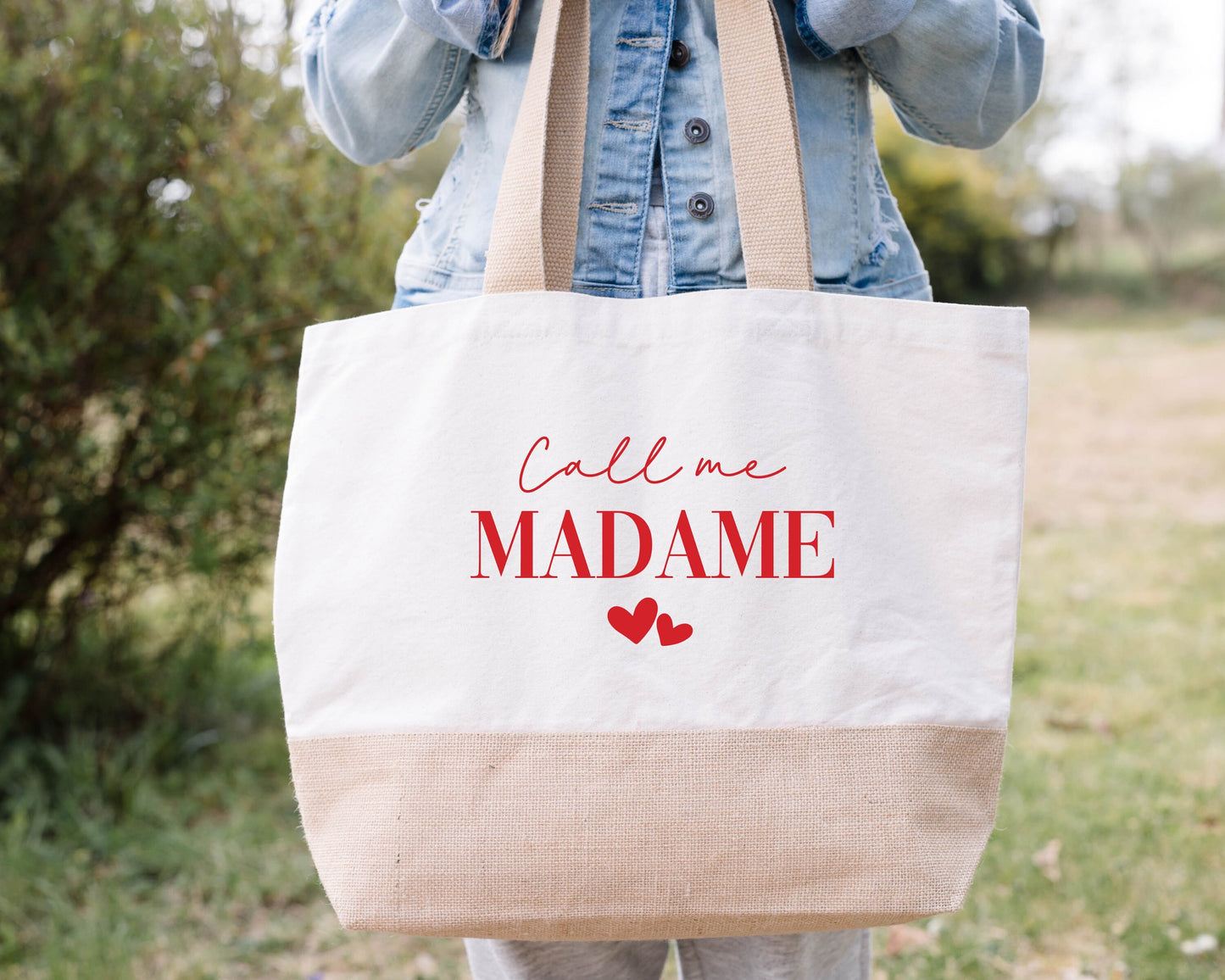 Sac en jute et coton personnalisé mariage, Sac fourre-tout Appelez moi madame, Sac evjf, Sac de la mariée, Cabas personnalisé mariage