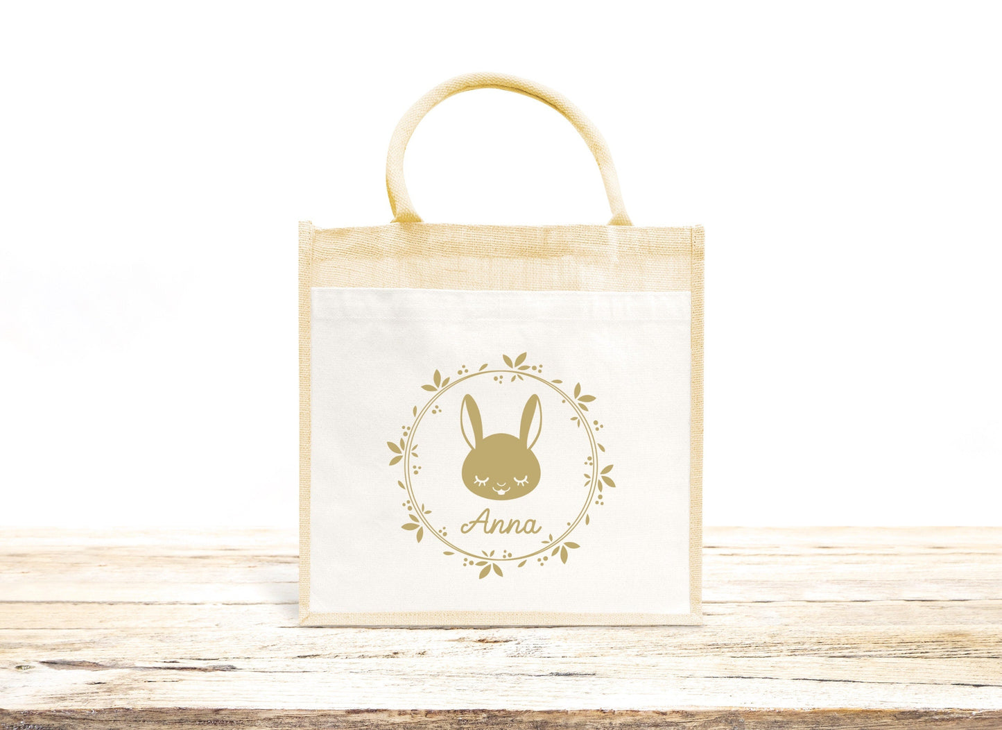 Sac Cabas toile et jute enfant personnalisé, Cadeau enfant prénom, Cadeau anniversaire enfant, Sac enfant lapin
