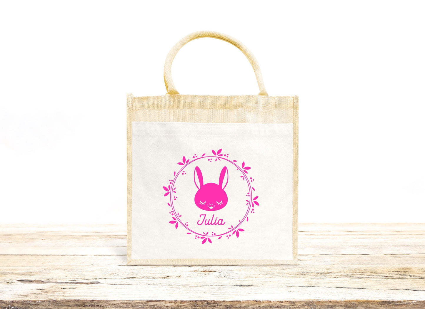 Sac Cabas toile et jute enfant personnalisé, Cadeau enfant prénom, Cadeau anniversaire enfant, Sac enfant lapin